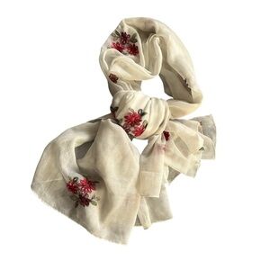 Scarf Large Rectangle Floral Embroidery White & Red Shawl or Cover Up 66” x 35”